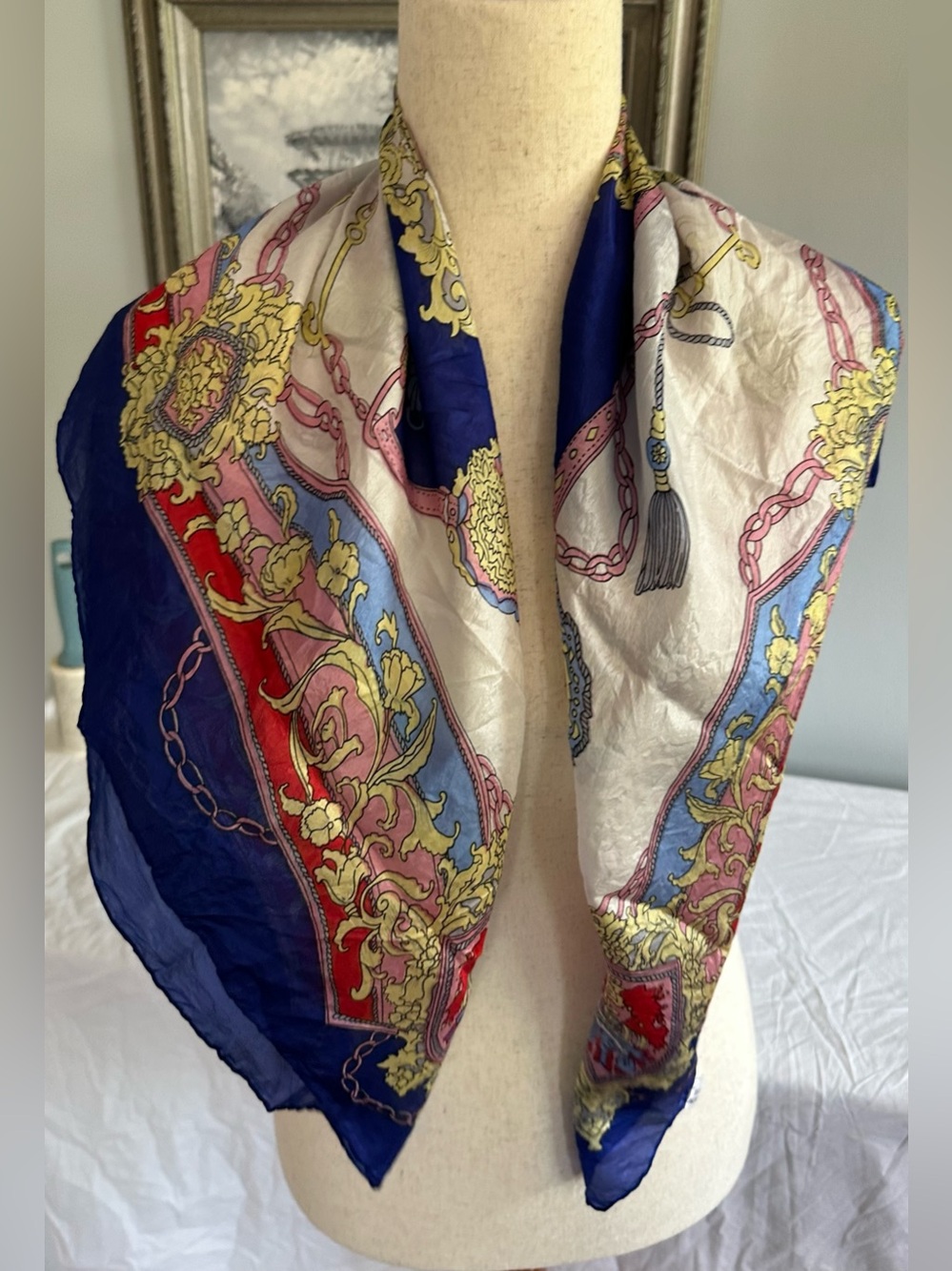 Scarf 100% Silk Baroque Print in Navy, Red & Cream 32”x32”
